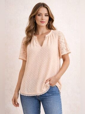 One September Peach Swiss Dot Lace Sleeve Blouse | Anthropologie Boho Top